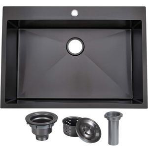 주방 싱크대의 VAPSINT 33x22 블랙 드롭, 33인치 건메탈 스테인리스 스틸 탑 마운트 싱크대, 스트레이너가 있는 싱글 볼 세탁 싱크대