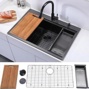 33인치 블랙 드롭 인 키친 싱크, 33x22 탑 마운트 워크스테이션 핸드메이드 16게이지 싱글 볼 스테인리스 스틸 도마, 접시 그리드, 배수기 및 바구니 스트레이너.