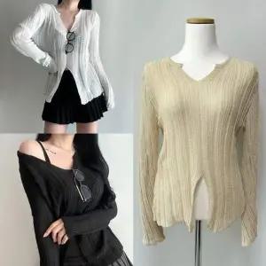 [셀러에이드]포인트 롱 마레노티 캐주얼 데일리 얇은니트 V 롱티셔츠 슬림니트