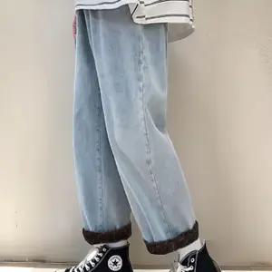 남자 일자 흑청 보온 와이드팬츠