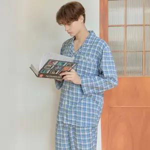 메이플라워 아이스블루 긴팔 약기모 순면 남성 빅사이즈 잠옷 세트