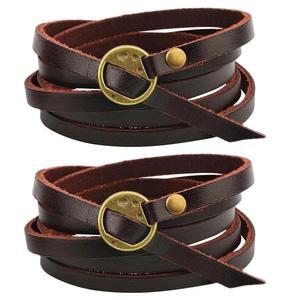 CALFOVERA 2PCS 정품 가죽 커프 팔찌 조절 가능한 소가죽 보호 레이어드 암 갑옷 빈티지 웨스턴 다크 브라운 스태커블 스트랩 남성용 토글 걸쇠가 있는 손목 밴드