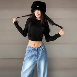 여성 겨울 크롭 기모 긴팔 티셔츠 배꼽 스타일 따뜻한 티셔츠