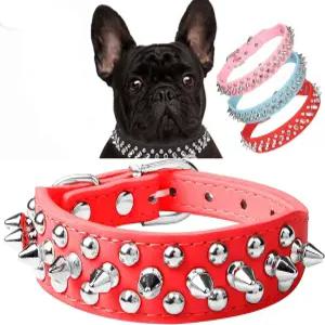 세리조어스 스파이크 도그 칼라 소프트 퓨 가죽 버섯 리벳 스터드 조절 가능한 강아지 목걸이(M 빨간색)