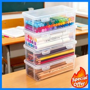 2/4pcs 대용량 사무실 투명 플라스틱 보관 상자 휴대용 보관함 연필 컬러 펜 등을 보관할 수 있습니다.