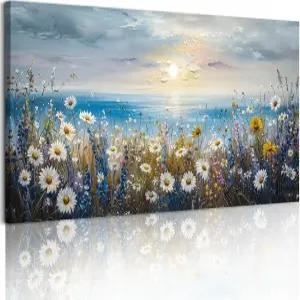 크르모투 코스트 데이지 꽃 벽 아트 해변 일몰 풍경 대형 아트워크 비치 와일드플라워 소박한 그림 캔버스