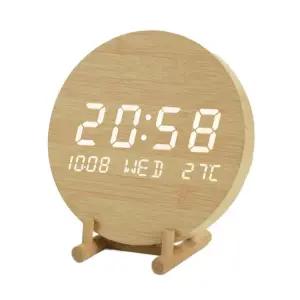 나무원형LED벽시계 무소음 궤종 USB 온도 원목 우드