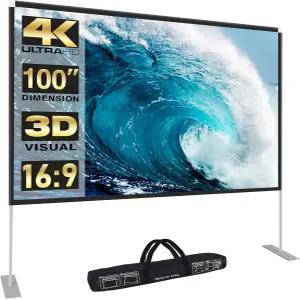 Abdtech 100인치 프로젝터 스크린 및 스탠드 휴대용 4K HD 후면 전면 투사 캐리백 포함 야외 실내 홈