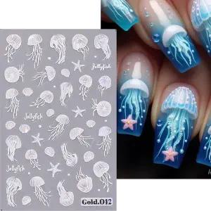 5D 양각 여름 바다 네일 스티커 흰색 파란색 해파리 불가사리 껍질 바다 세계 디자인 네일 데칼 슬라이더