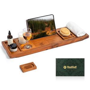 리얼글프 티크 욕조 트레이, 와인잔 홀더가 있는 배스 캐디, 폰 독 & 북 스탠드 | 핸즈프리 독서 및 궁극의 스파 릴랙스 경험 - 내추럴