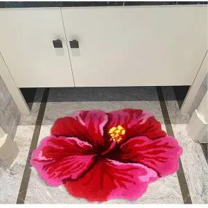 매트 카펫 러그 카페트 80X60cm 레드 히비스커스 꽃 몰려 들고 욕실 목욕 미끄럼 방지 침실 거실 수제 얽히