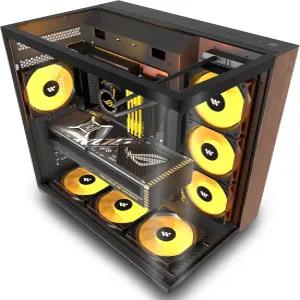 KEDIES PC 케이스 ATX 6 PWM ARGB 팬 사전 설치 미드 타워 컴퓨터 풀 뷰 강화 유리 타입-C 프린트 호두나무