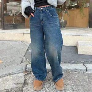 [옷자락]여자 겨울 기모데님 로우라이즈 절개 와이드 청바지