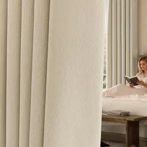 진찬 샤닐 암막 커튼 96인치 거실 침실용 베이지 보온 2 패널 3중 직조 소음 감소 탭 전체 개인정보 보호