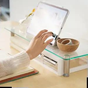 높이조절모니터받침대 모니터 거치대 강화유리 선반 높이조절 받침대