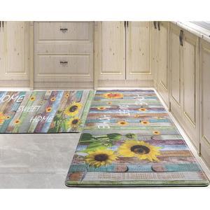 PCSWEET HOME 해바라기 주방 매트 바닥용 피로 방지 2개, 방수, 미끄럼 메모리 폼 매트, 주방, 싱크대용 편안한 스탠딩 43.9cm x 119.4cm(17.3 47인치)+43.9 76.2cm(17.3 30인치), 멀티컬러