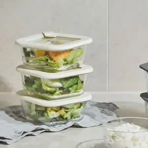 한샘 클리어 사각 유리밥보관용기 3P 320ml 베이지