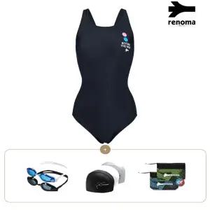 [롯데백화점]레노마 여성 스마일리 X-BACK 미들컷 원피스 수영복수경수모세트 LS2F201SET_BK
