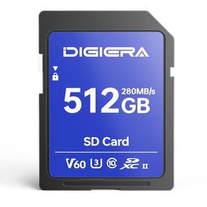 DIGIERA 512GB LSU100 SDXC UHS-II 메모리 카드 - 최대 280MB/s, C10, U3, V60, 6K, 컴퓨터용 SD 카드, 디지털 카메라, 홈 시어터 장치, 자동차 내비게이션 시스템(1팩)