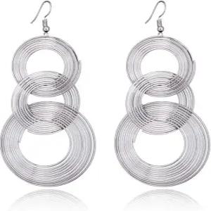 여성 골드 도금 롱 70년대 디스코 귀걸이 후프 원형 3원 다층 드롭 빅 합금 기하학 파티웨어 이어링