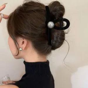 여자 블랙 시크 벨벳 고급스러운 진주 집게핀 헤어핀
