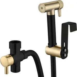WRKMH 47인치 샤워 호스 하나의 입구 및 두 개의 출구가 있는 화장실용 블랙 브러시드 골드 2 기능성 황동