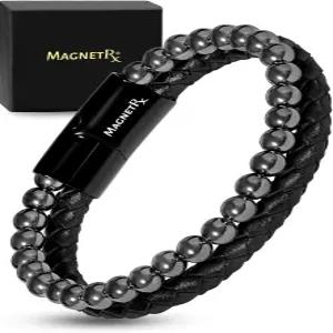 MagnetRX 헤마나이트 가죽 팔찌 ？ 남성용 최대 강도 마그네틱 스톤 비즈 (대형)