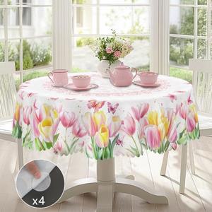 1개의 봄 튤립 원형 테이블보 다양한 크기로 제공 순백색 배경에 번짐 분홍색과 노란색 클러스터 꽃 화환