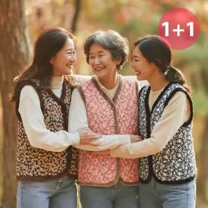 [1개+1개] 꽃무늬 촌캉스 융털 조끼 겨울 방한 레트로 단체복 포켓형 김장 할머니 깔깔이 조끼 3color 교차가능