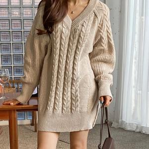 [디작소]여성 레야쿠 브이넥 꽈배기 미니 니트 원피스