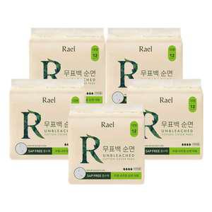 라엘 무표백 순면 생리대, 대형, 12P, 5개