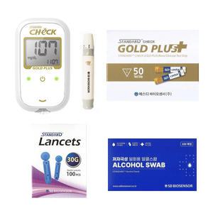 에스디바이오센서 스탠다드체크 골드플러스 혈당측정기 풀세트 (기계+시험지50매+SD침110개+SD솜100매)