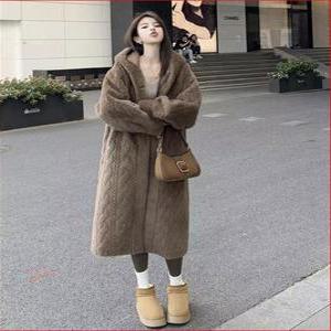 [하르하딩] 밍크 코트,밍크 후드,롱 가디건,인조 퍼,인조 꽈베기