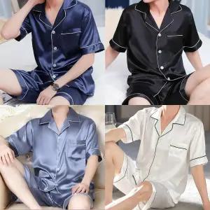 남성 실크 반팔 잠옷 상하 세트 남자 여름 파자마 홈웨어