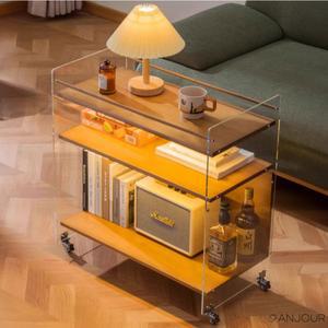 아크릴 테이블 이동식 투명 협탁 3단 원목 선반 68x70