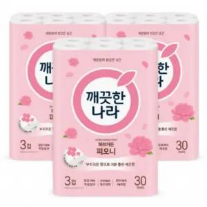 깨끗한나라 허브가든 피오니 프리미엄 화장지 3겹 30롤 x 3팩