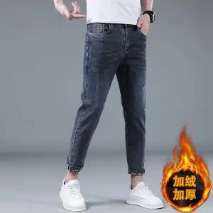 겨울 일자 청바지 남성 스트레이트핏 프리미엄 종아리 스판 기모 도톰 9부 바지 힛템