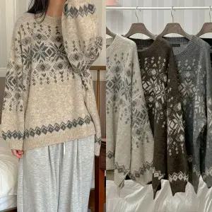 임산부 눈꽃 니트 라운드넥 밑단 트임 빅사이즈 여성의류 임부복