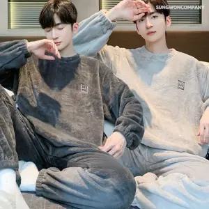 이너퀸 프리수 남성용 라운드넥 무지 베이직 자수 시보리 밴딩 빅사이즈 수면 극세사 밍크 겨울 부드러운 두꺼운 잠옷 상하의 세트 남성뉴문세트