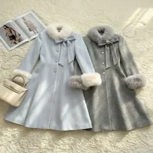 퍼 카라 리본 타이 포인트 큐빅 보석 단추 A라인 플레어 롱 모직 겨울코트 연말 파티 하객룩37766