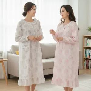(보슈아)1327 여성 긴팔 원피스 아사면 파자마 홈웨잠옷웨어 프릴 국산 여름 면잠