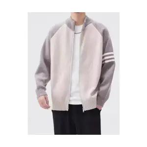 키체샵 남성 집업 니트 봄 가을 슬림핏 카디건 스트라이프 캐주얼 커플 차이나 HO3