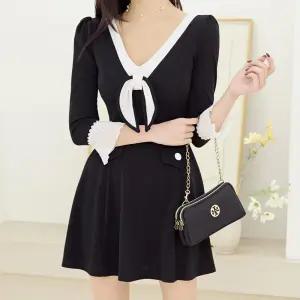 채핏 사크 배색리본훌 원피스 섹시 글램 미니 ops 긴팔 v넥 리본 플레어 레이스 하객룩 데이트룩