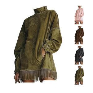 여성용 벨벳 드레스, 태셀 미니 드레스 하이넥 빈티지 루즈 포켓 프린지 긴팔 패치워크 스커트 가을