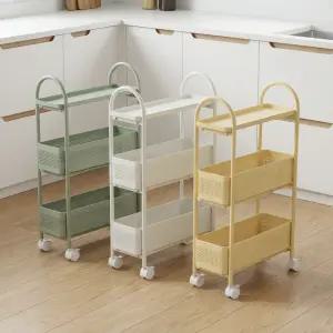 르엘 틈새 수납 이동식 슬라이딩 선반 슬림 철제 트롤리 3단