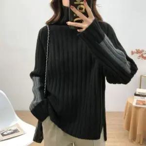 여성 겨울 목폴라 터틀넥 골지 니트 티 블랙 (KYR-WFGFCH3)