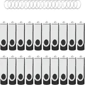 열쇠고리가 있는 울켄 20팩 2GB USB 2.0 플래시 드라이브 스위벨 엄지 메모리 스틱 PC용 (블랙)