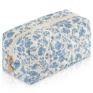 UUYUY 메이크업 가방 여행용 세면도구 가방, 작은 화장품 귀여운 퀼트 면 파우치, 학교 꽃 필통 액세서리 파란색