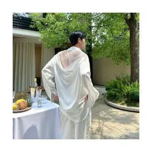 록쉬블몰 남성 솔리드 셔츠 이른 가을 남녀 연회 슬림핏 진주 망사 시스루 긴팔 HO3