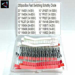 200 피스 고속 스위칭 숏키 다이오드 모듬 키트 1N4001 1N5408 UF4007 FR207 1N5817 1N5822 1N4148